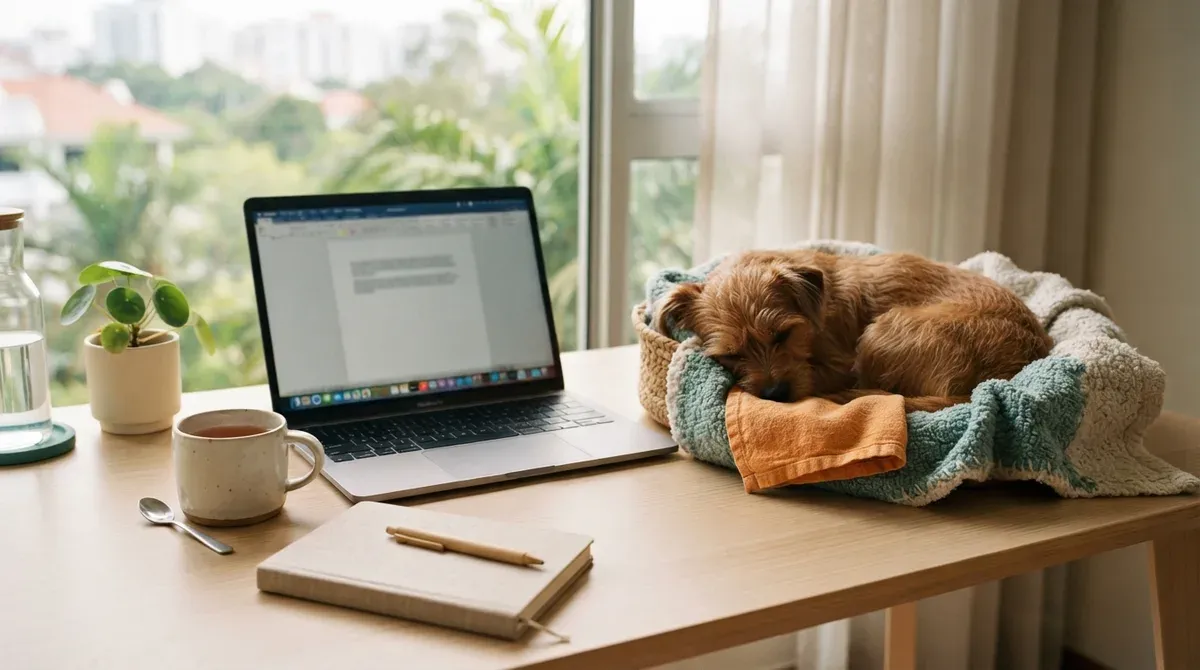 A cream desk with a laptop, notebook and a small dog asleep beside it