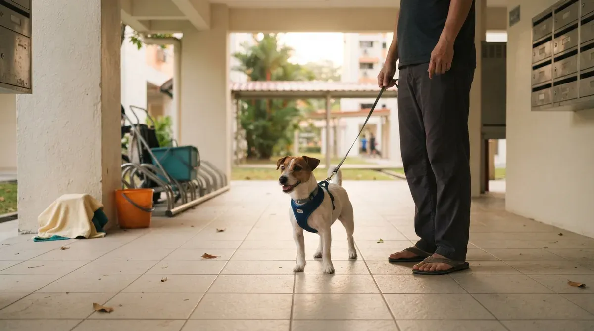 A small dog on a lead at an HDB void deck in the morning