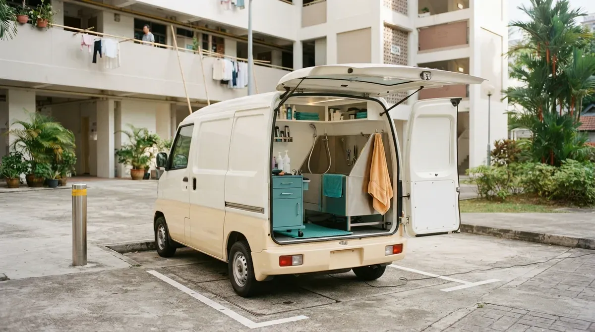 A mobile grooming van parked at an HDB block loading bay