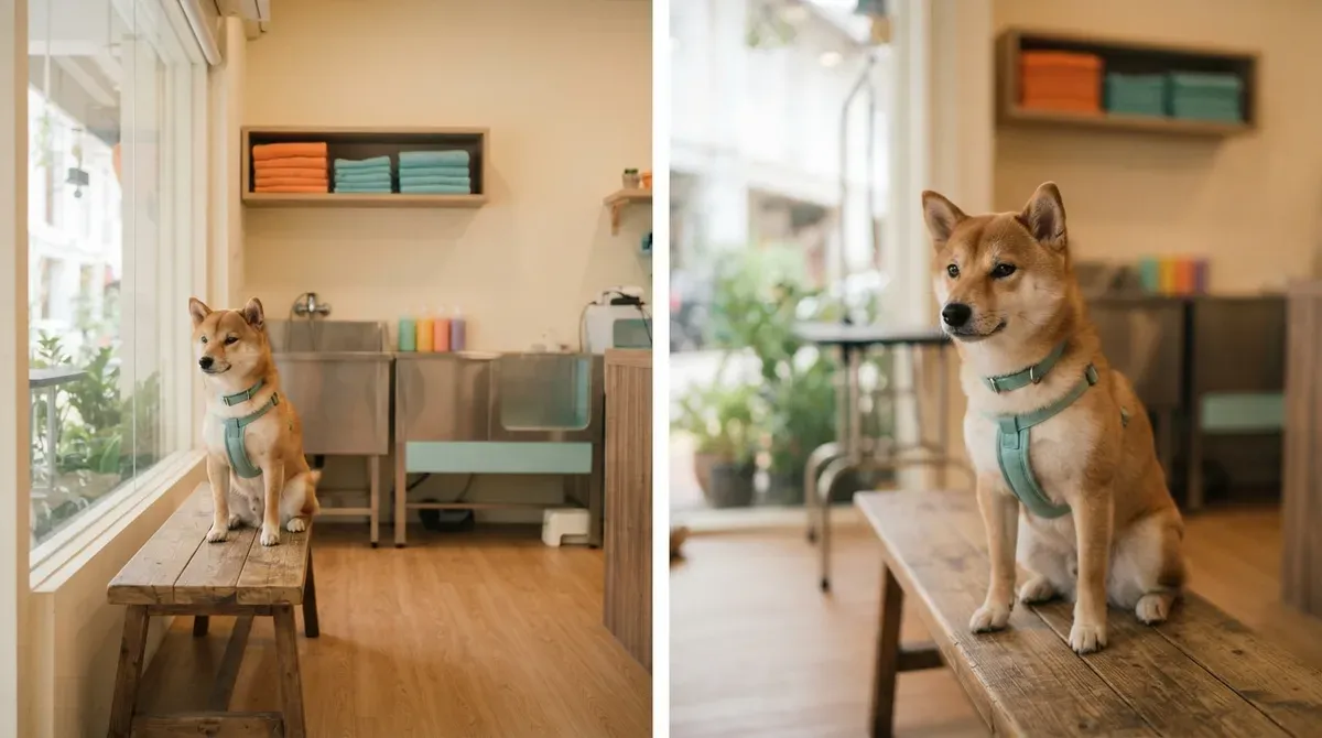 A dog waiting on a bench inside a small neighbourhood grooming shop