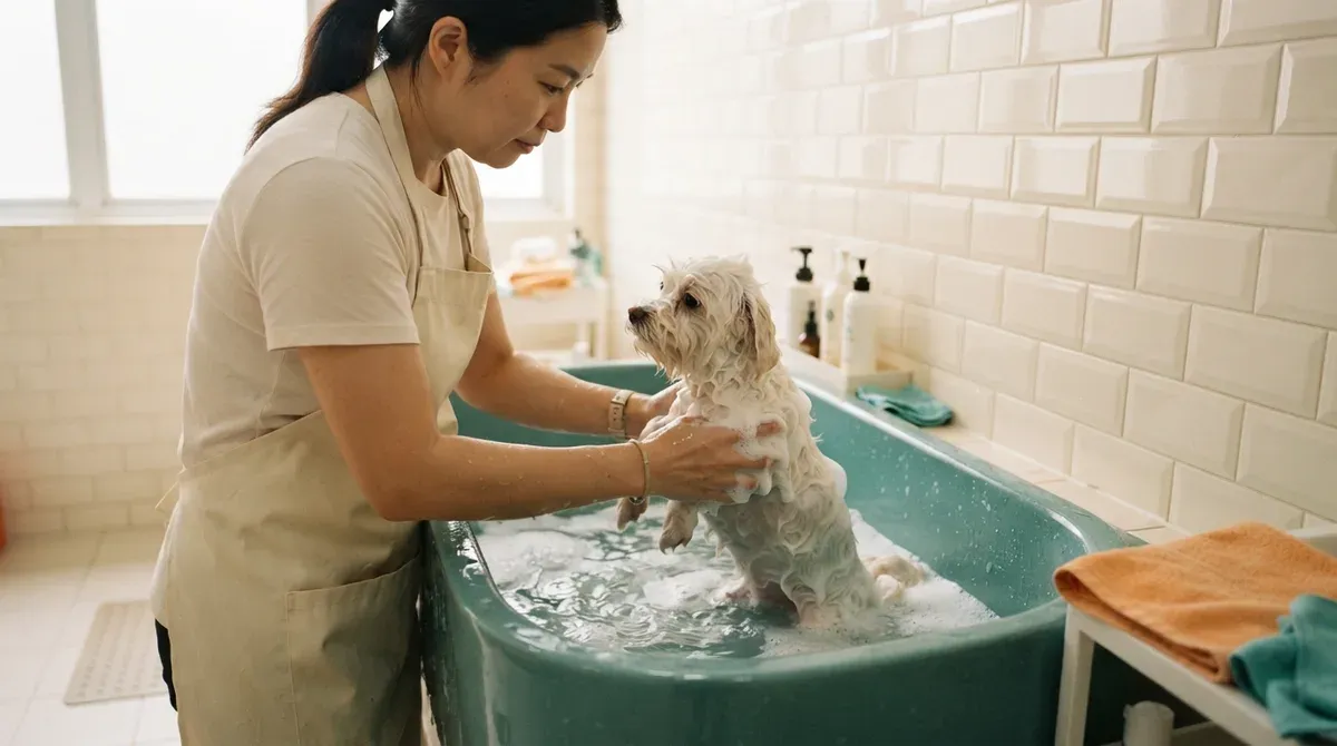 A groomer lifting a small dog gently into a teal grooming tub