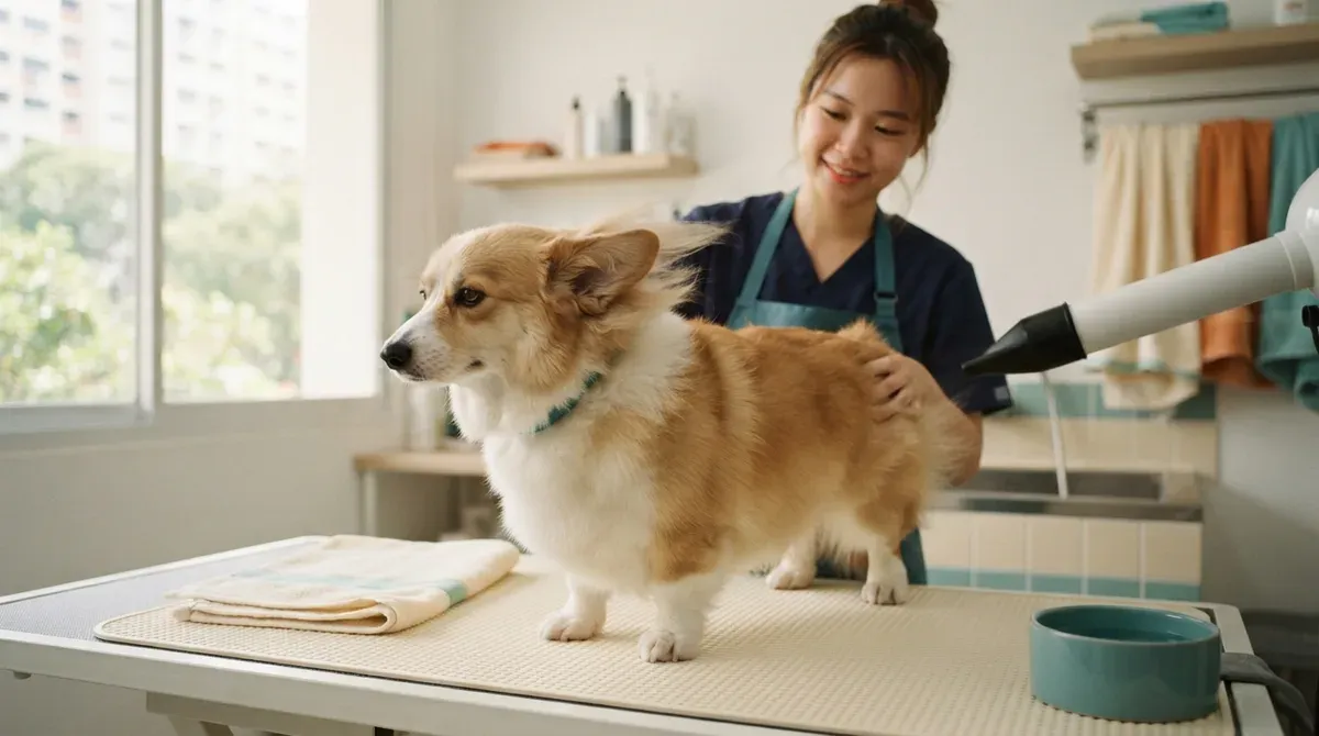 A corgi being blow-dried on a grooming table
