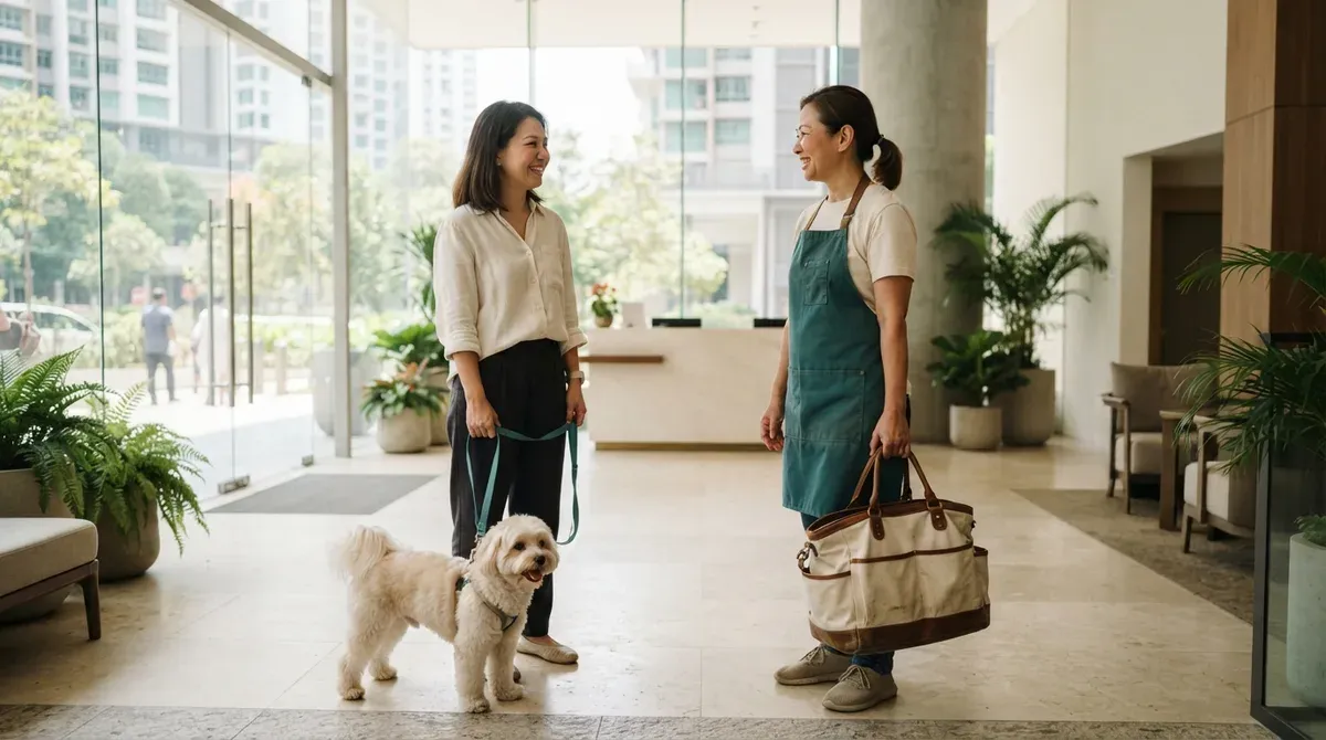 An owner and dog meeting a groomer with a kit bag in a condo lobby