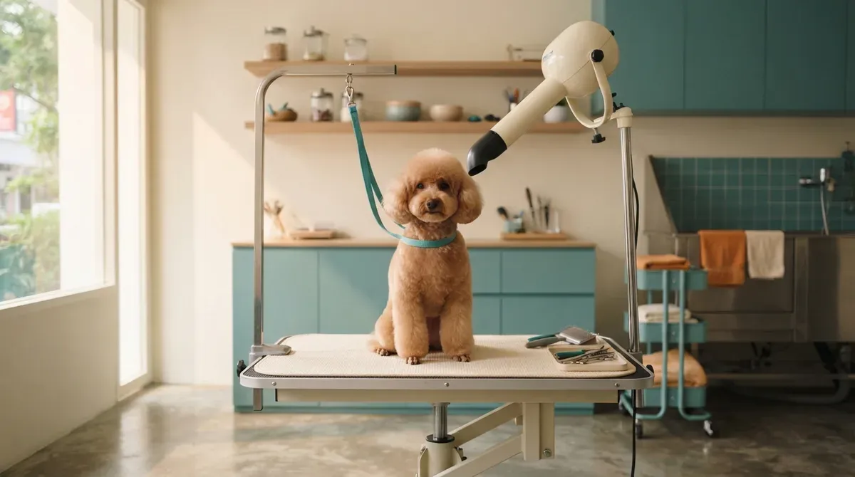 A poodle drying under a stand dryer in a small grooming studio