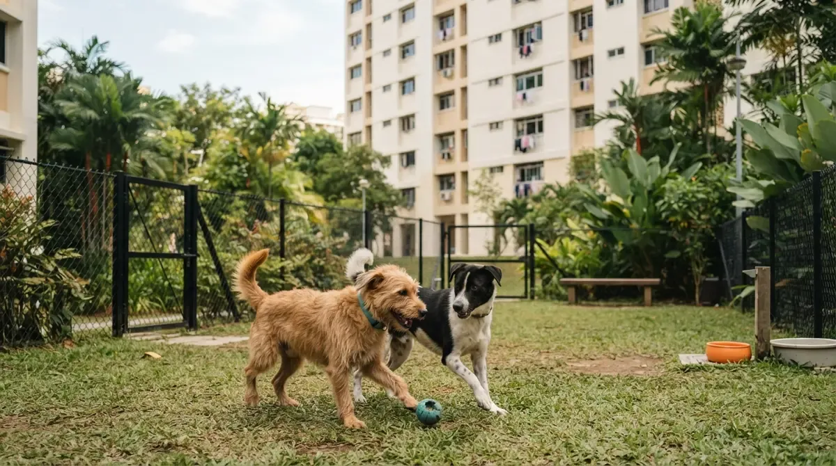 Two dogs playing in a fenced neighbourhood dog run