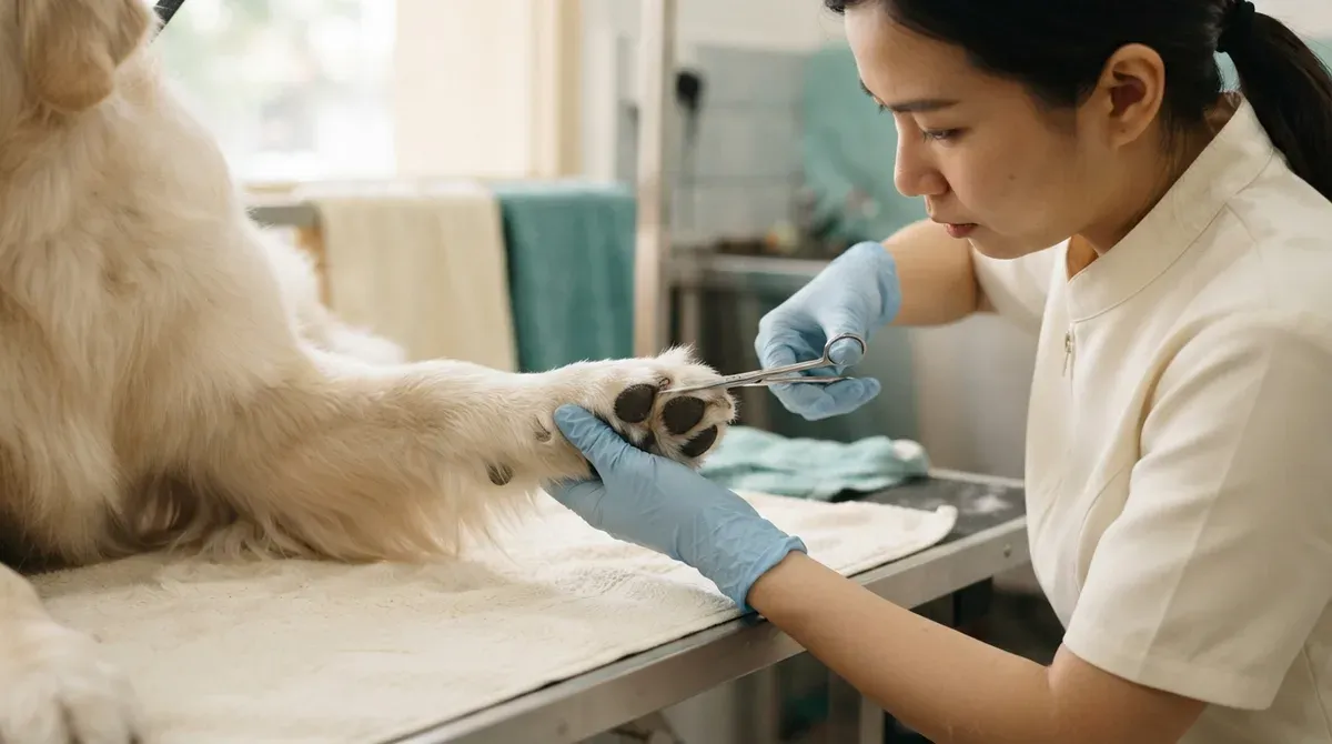 Close-up of a groomer trimming the fur between a dog's paw pads