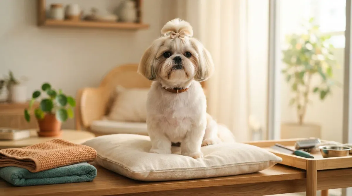 A freshly groomed Shih Tzu sitting on a cream cushion