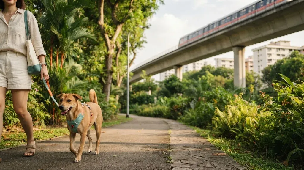 A dog on a lead on a leafy path near an elevated MRT viaduct