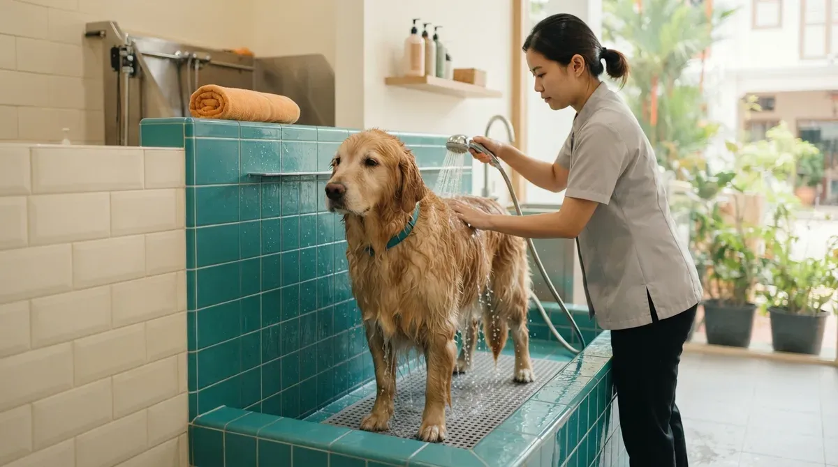 A golden retriever being rinsed at a bright tiled wash bay