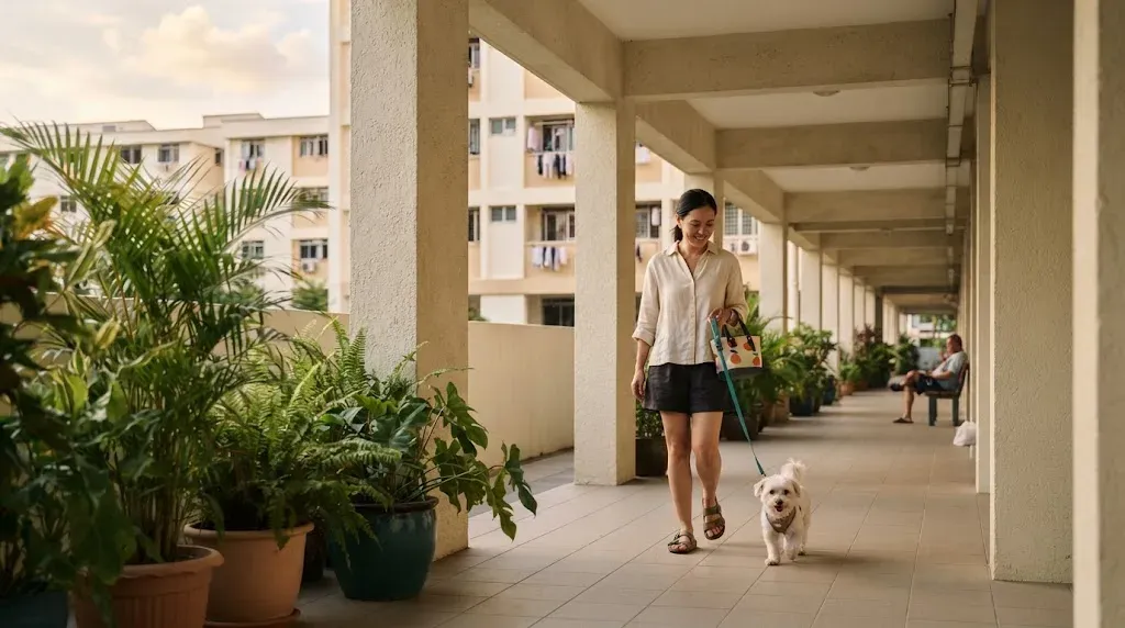 An owner walking a small dog past Singapore HDB blocks in late afternoon light