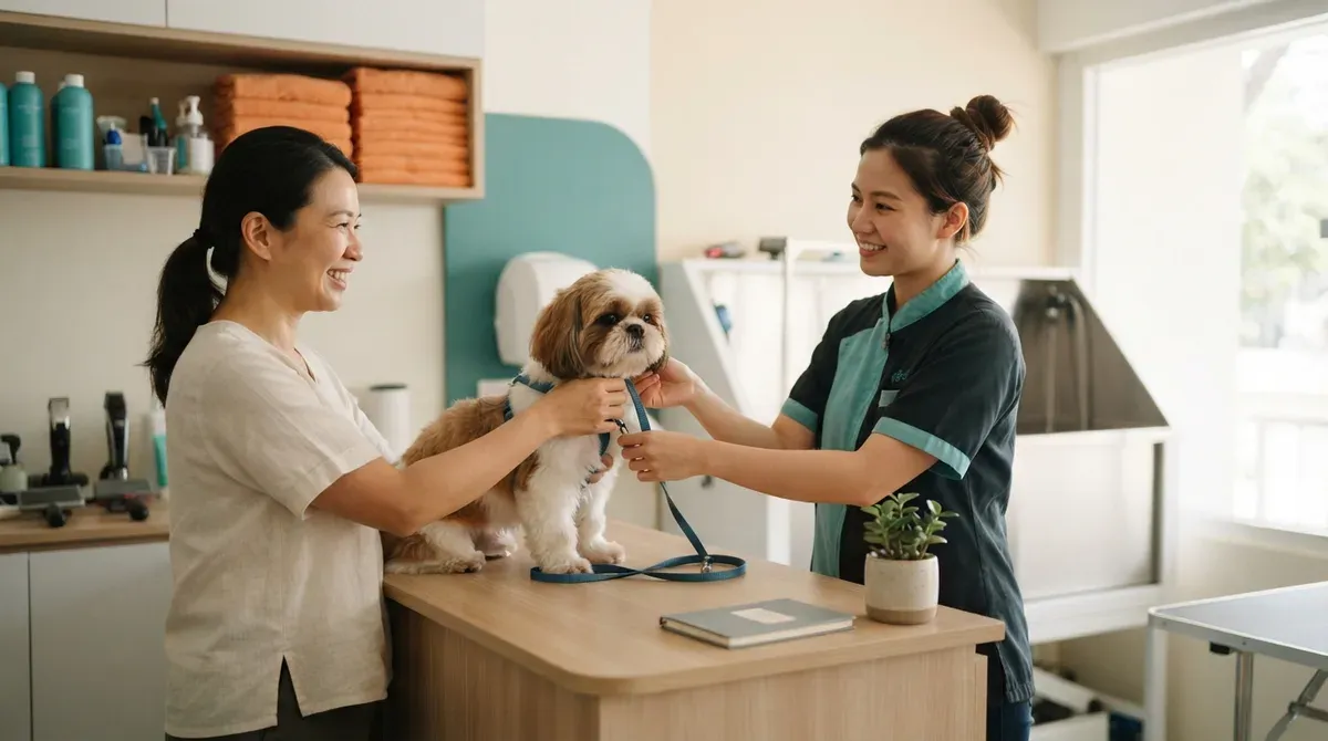 An owner handing a Shih Tzu to a groomer at a small studio counter