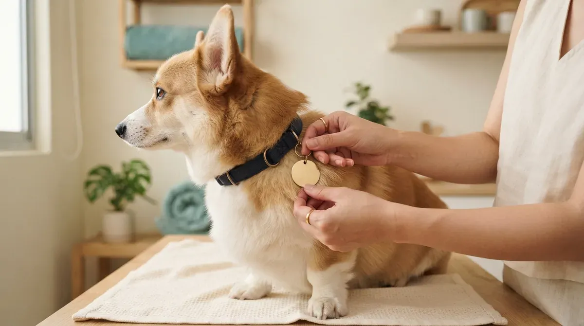A blank round metal tag being clipped onto a corgi's collar