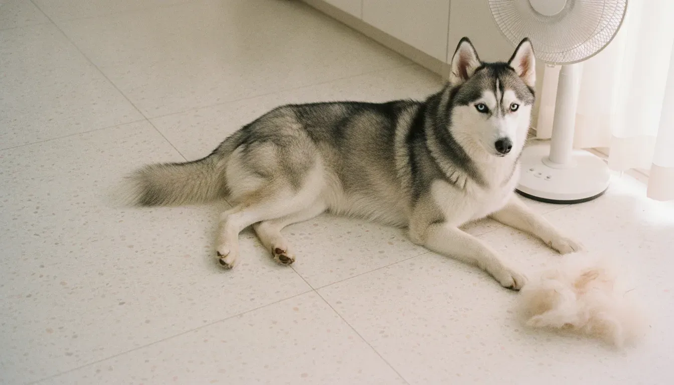 A Siberian Husky lying on cool terrazzo beside tufts of loose undercoat