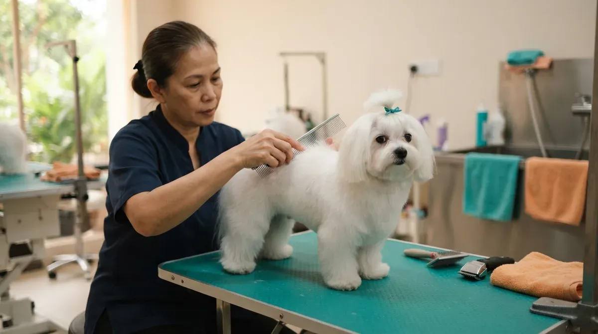 A groomer parting a Maltese's coat with a metal comb on a teal grooming table
