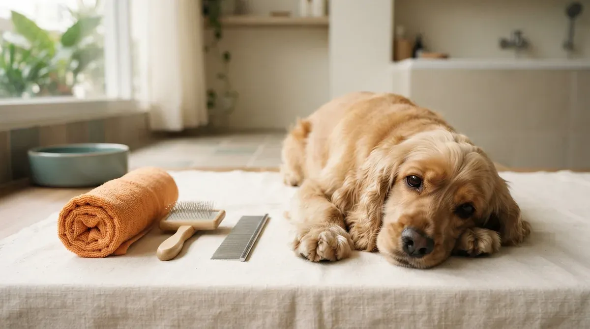Grooming tools and a rolled towel beside a relaxed spaniel