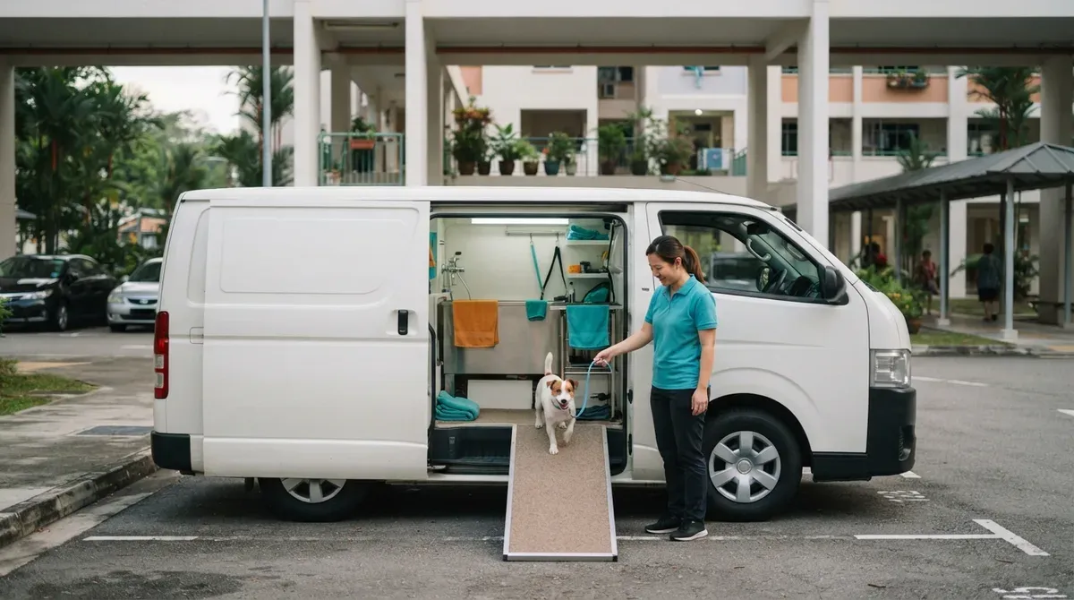 A compact grooming van parked at an HDB block with its side door open