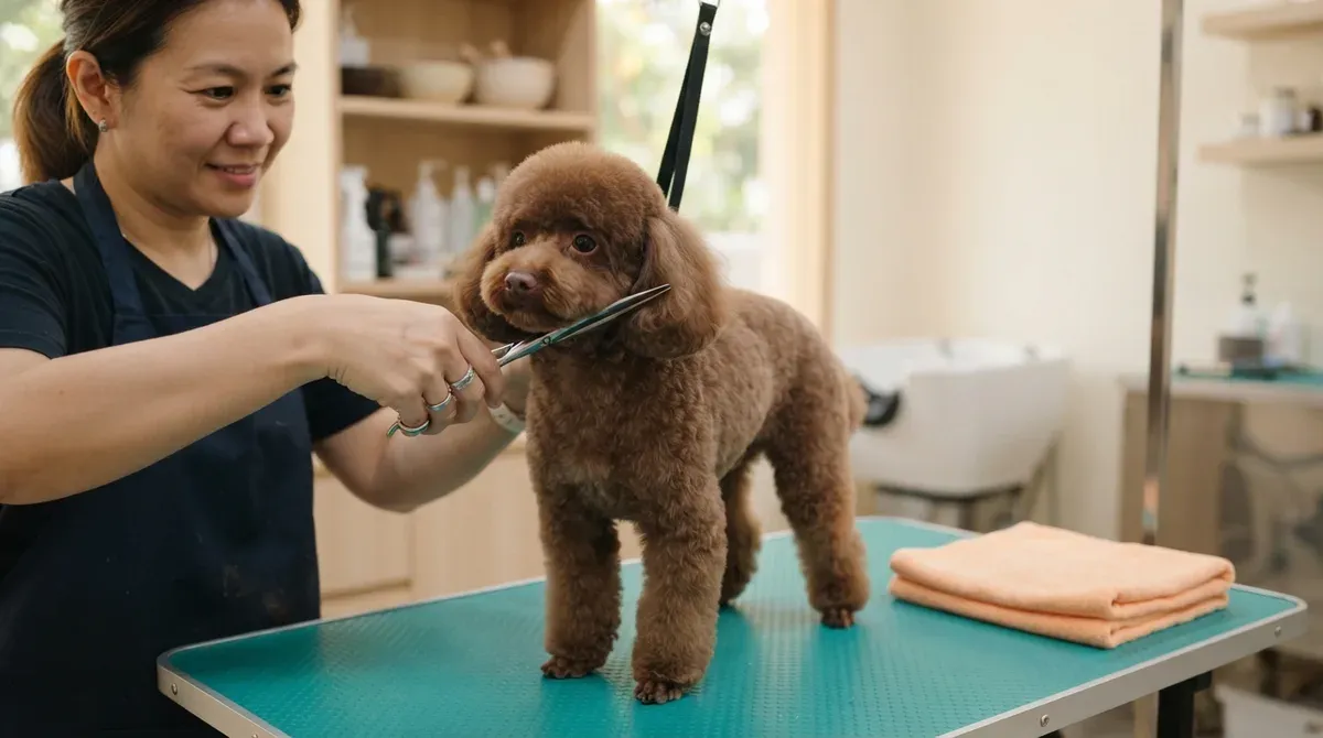A chocolate toy poodle mid-groom with curved shears on a teal table