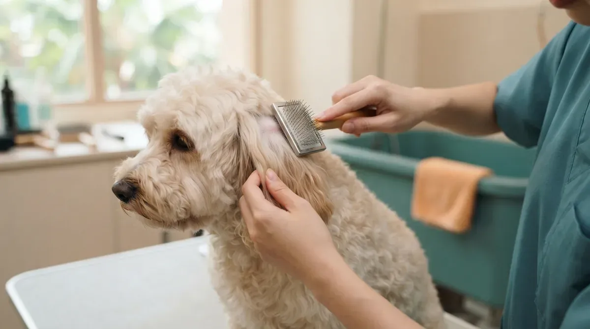 Hands line-brushing behind the ear of a cream cockapoo with a slicker brush