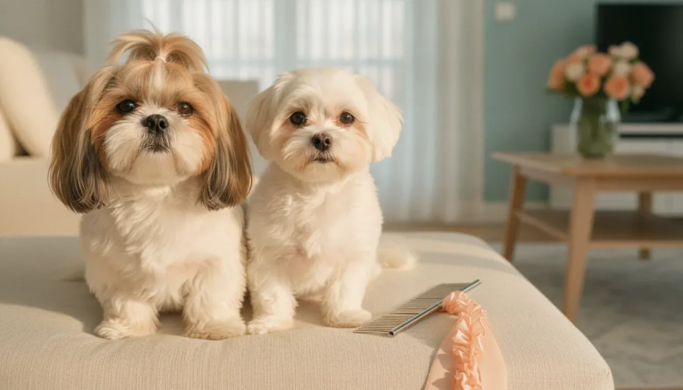 A Shih Tzu and a Maltese sitting side by side in long silky coats