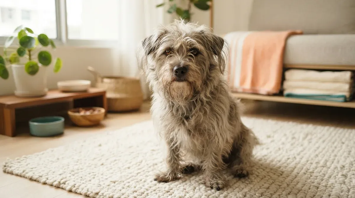 A shaggy terrier mix overdue for a groom sitting on a cream rug