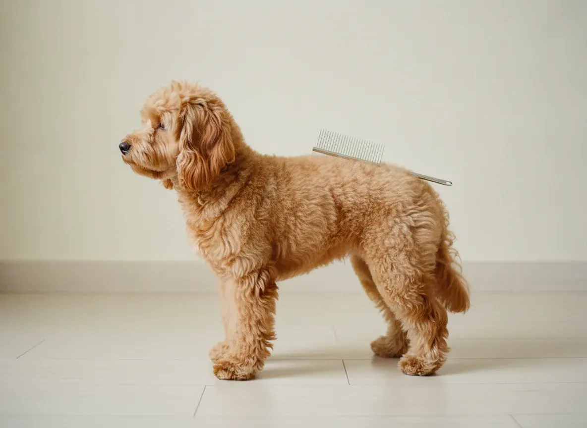 A cream Cavapoo with a dense curly wool coat standing in profile