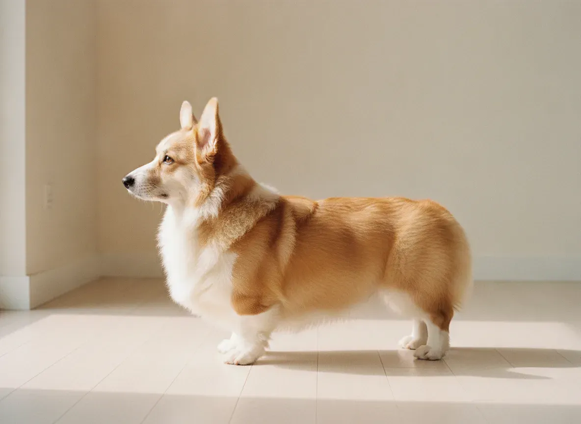 A Pembroke Welsh Corgi showing the pale undercoat lifting through its tan guard coat