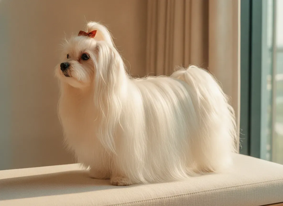 A white Maltese in a long straight silky coat parted along the spine