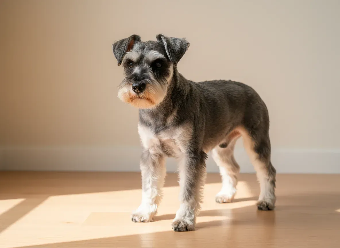 A salt and pepper Miniature Schnauzer with a harsh wiry jacket and leg furnishings