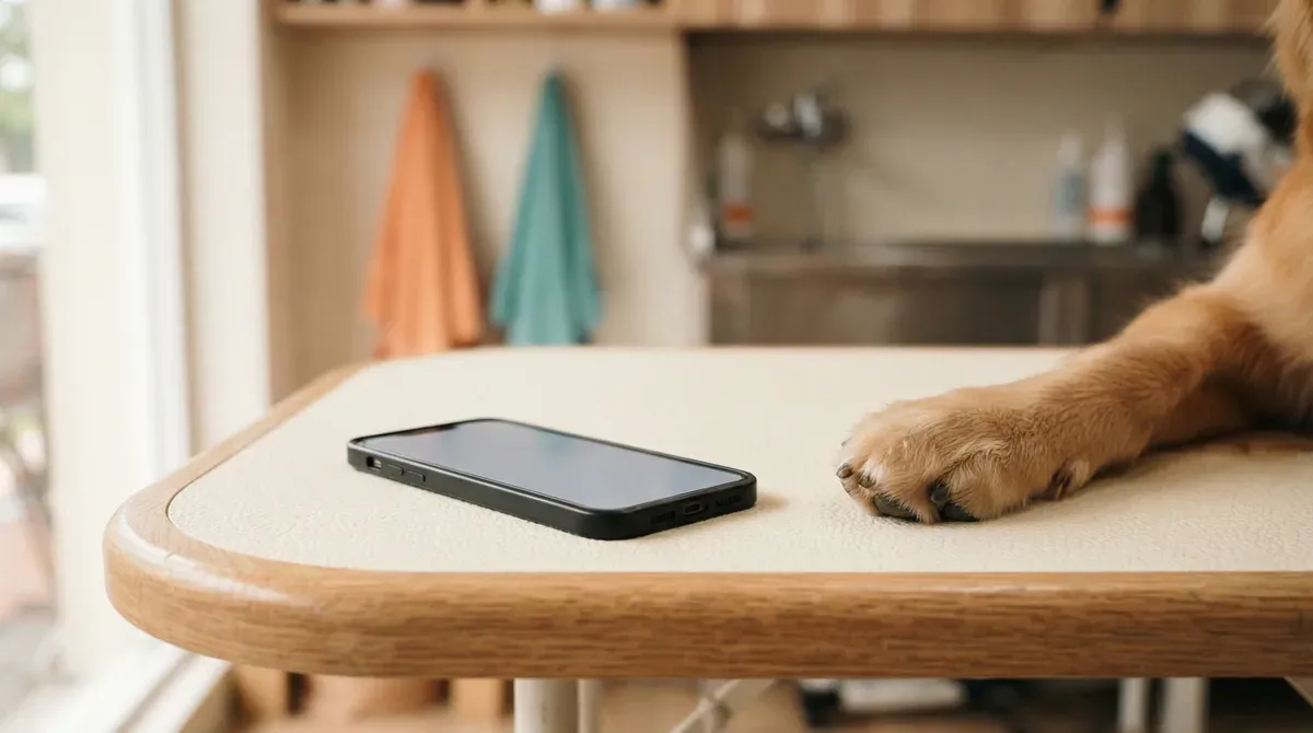 A phone on a cream table with a dog's paw resting beside it