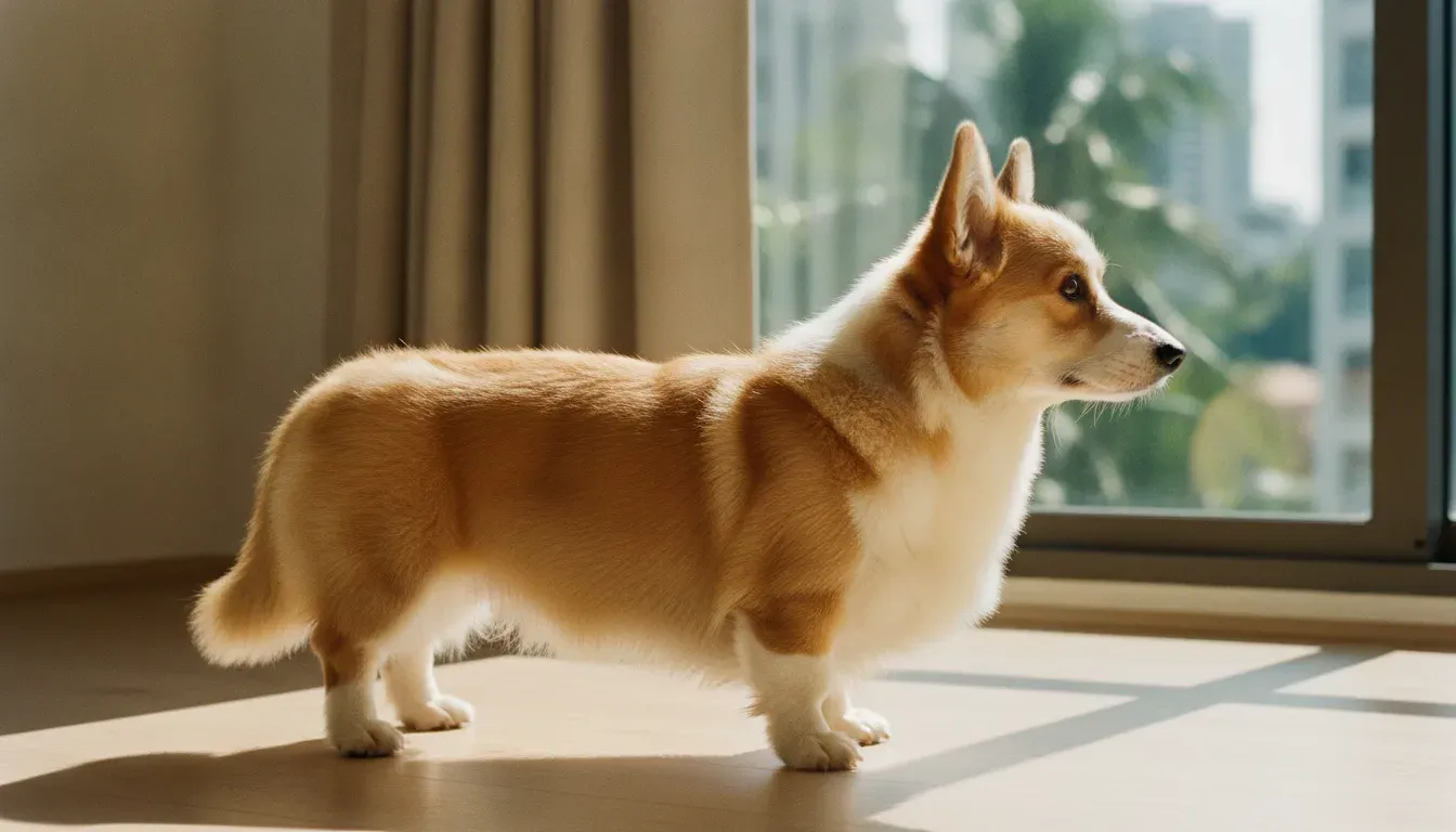 A corgi standing on a grooming table beside the loose undercoat raked out of its coat during a de-shedding session