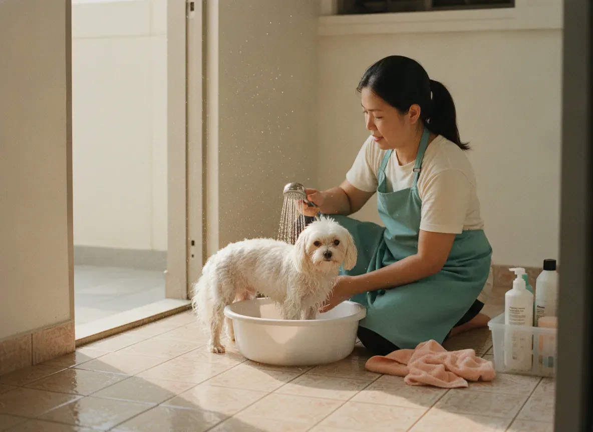 A groomer rinsing a small white dog in a basin in a Singapore flat's service yard