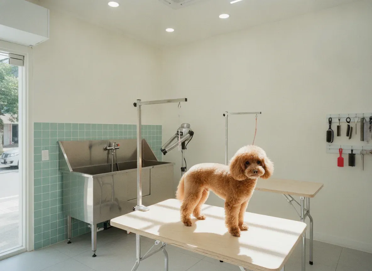 The inside of a small Singapore grooming studio with a stainless tub and two tables