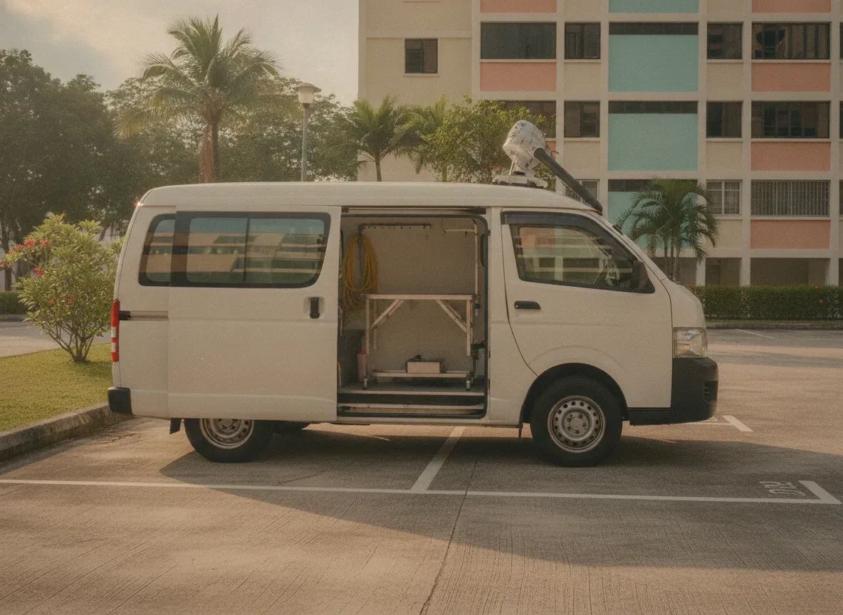 A fitted white grooming van parked at an HDB block with its side door open