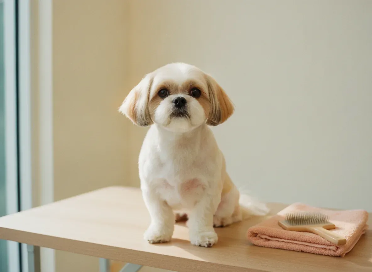 A freshly groomed cream Shih Tzu sitting on a grooming table beside a folded towel and a slicker brush