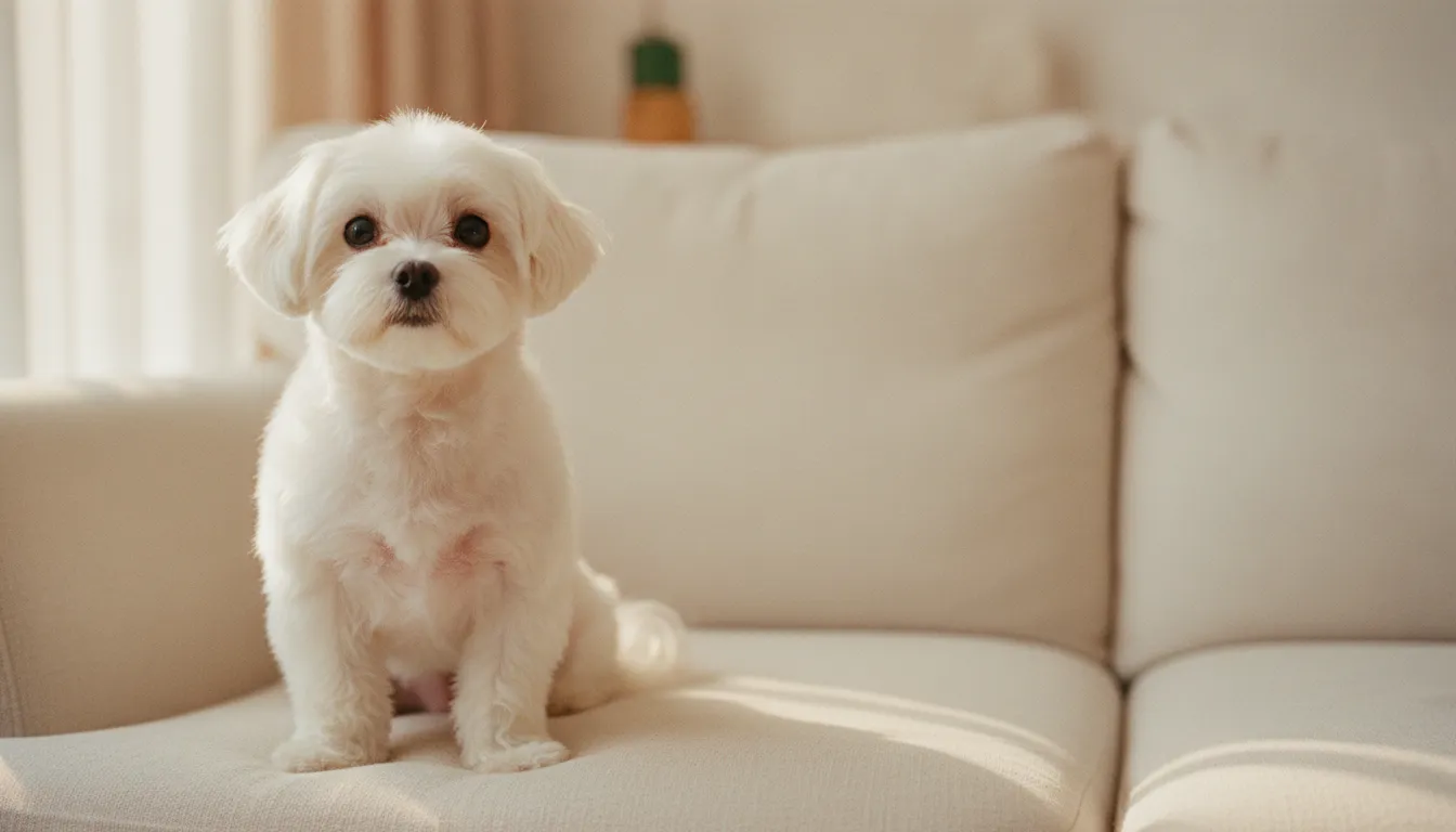 Freshly groomed white Maltese dog sitting on a cream sofa in a Singapore home