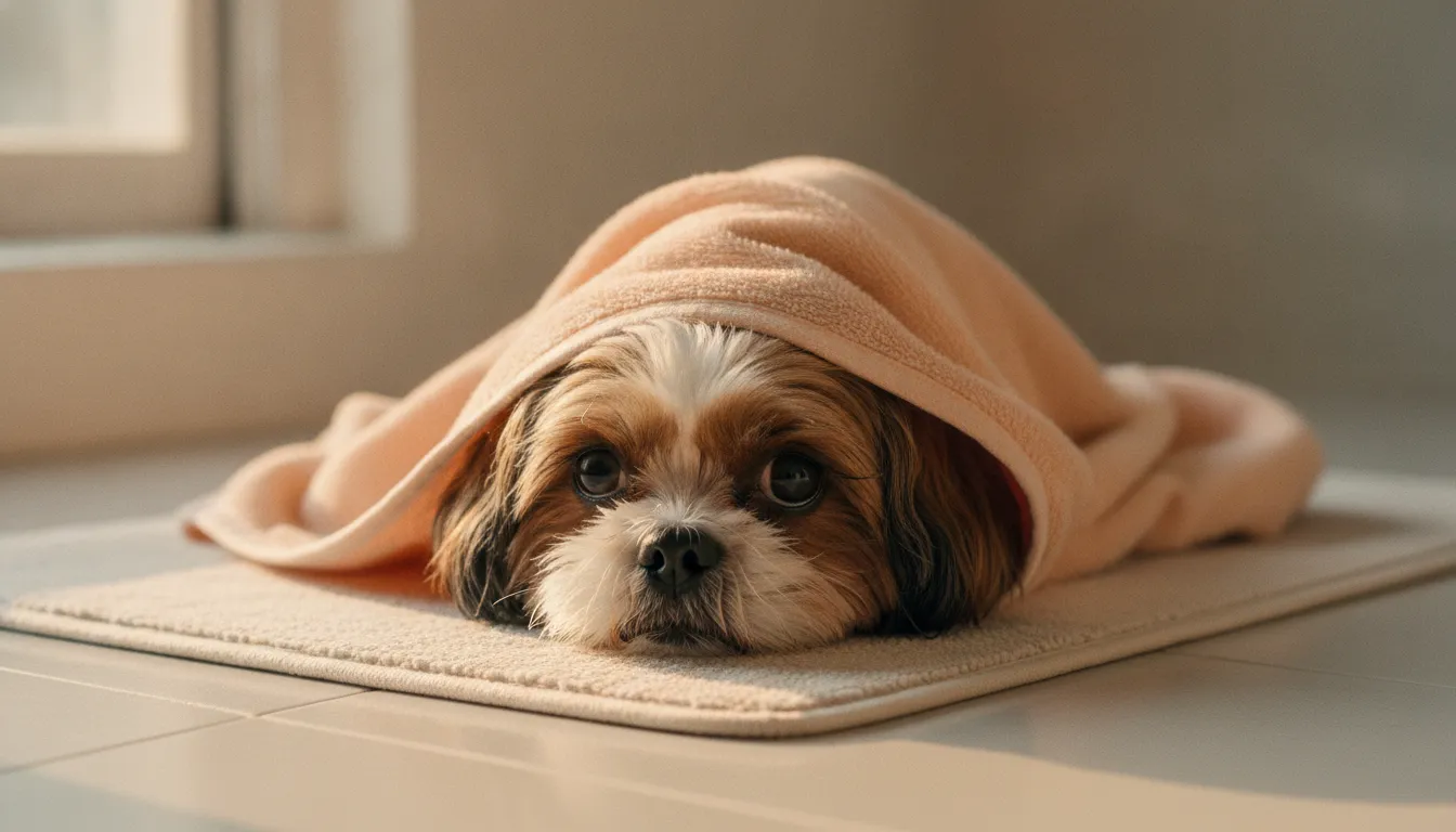 A small Shih Tzu wrapped in a peach towel after a bath at home