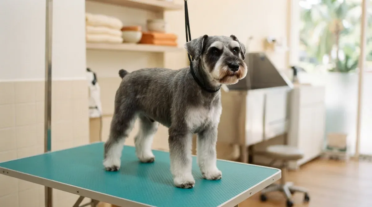 A freshly groomed miniature schnauzer standing on a teal grooming table