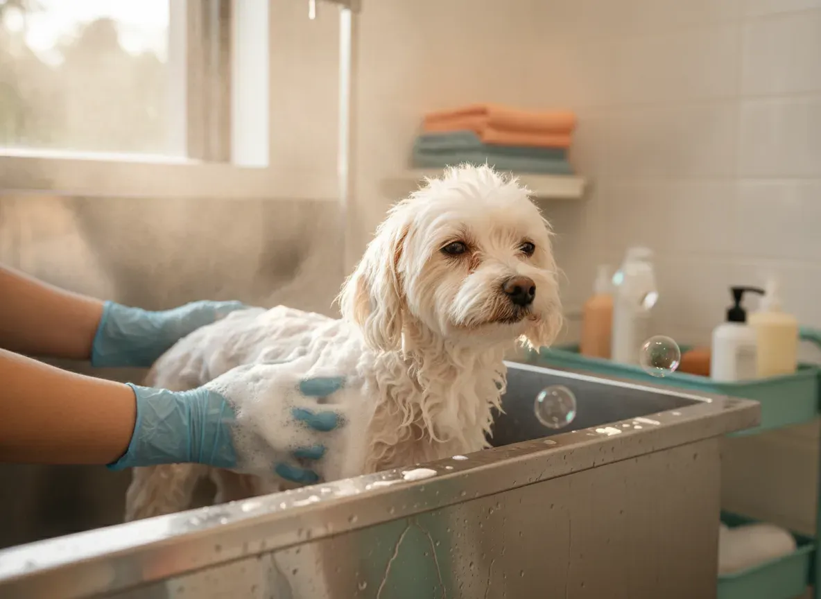 A freshly bathed small dog being towel-dried after a bath and tidy