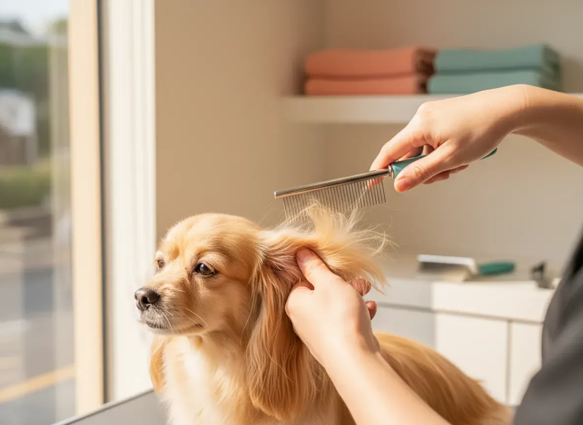 A groomer working a metal comb through a tangled patch of coat