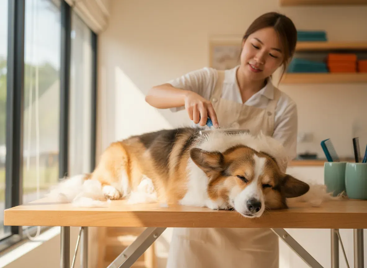 A double-coated dog being blown out with a high velocity dryer
