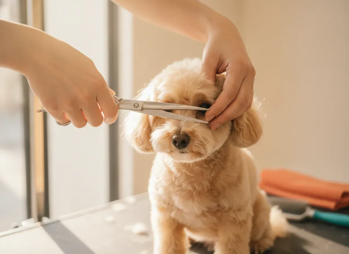 A small dog part-way through a full groom on a raised grooming table