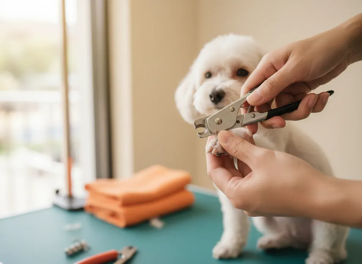 A dog's paw held steady while a nail is clipped