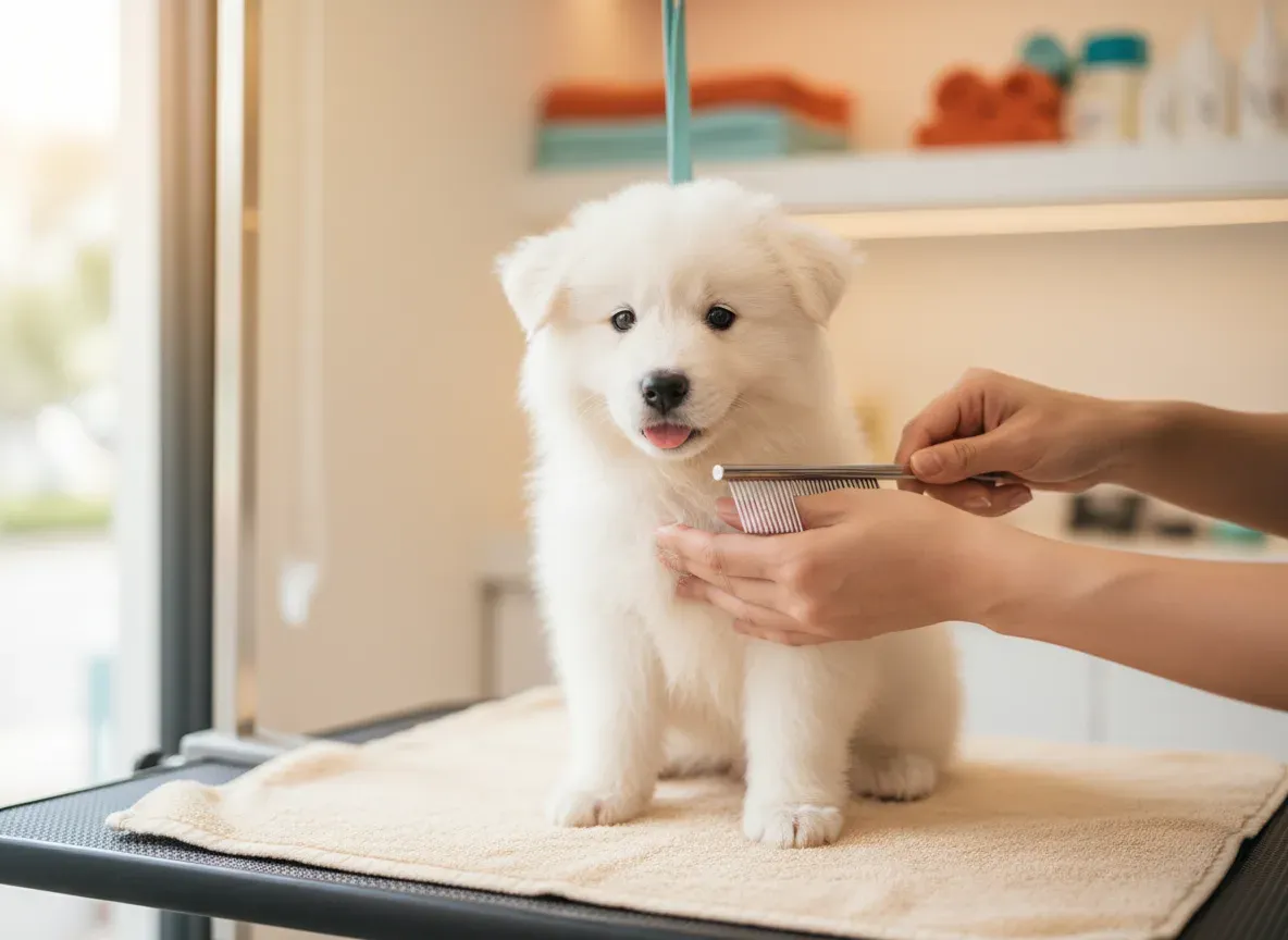 A puppy sitting calmly on a grooming table for its first session