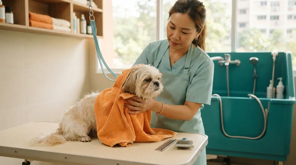 A groomer brushing out a small dog's coat on a raised table beside a high velocity dryer
