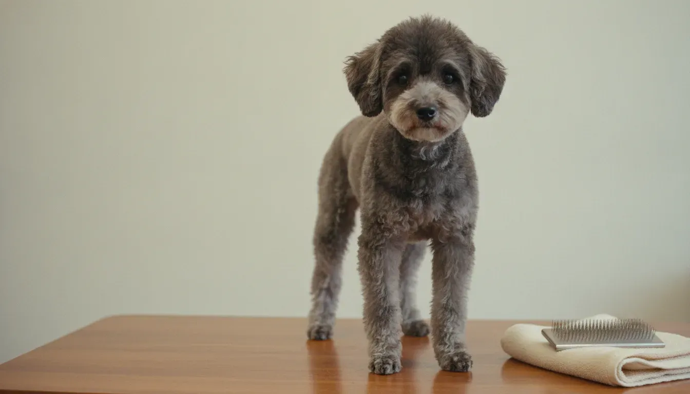 A small dog standing calmly on a grooming table while a groomer blow-dries its coat